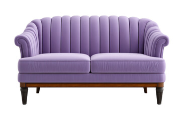 Plush lavender sofa with curved silhouette and vertical channel tufting, supported by wooden legs for cozy feel