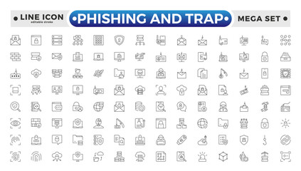 Phishing and Trap outline icon set. Guard, cyber security, password, smart home, safety, data protection, key, shield, lock, unlock, eye access.  Editable stroke outline icon.
