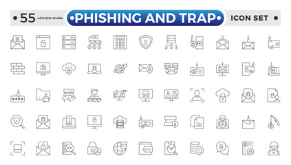 Phishing and Trap outline icon set. Guard, cyber security, password, smart home, safety, data protection, key, shield, lock, unlock, eye access.  Editable stroke outline icon.
