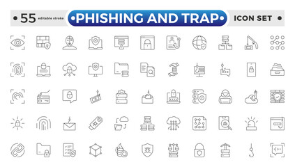 Phishing and Trap outline icon set. Guard, cyber security, password, smart home, safety, data protection, key, shield, lock, unlock, eye access.  Editable stroke outline icon.
