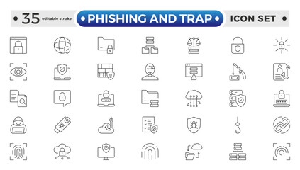 Phishing and Trap outline icon set. Guard, cyber security, password, smart home, safety, data protection, key, shield, lock, unlock, eye access.  Editable stroke outline icon.
