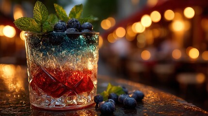 Tricolor cocktail with blueberries and mint in crystal glass, celebrating French National Day with festive elegance.