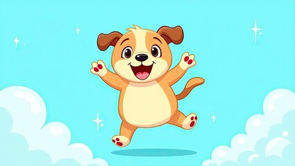 Playful Chubby Cartoon Puppy Joyfully Jumping Through The Sky