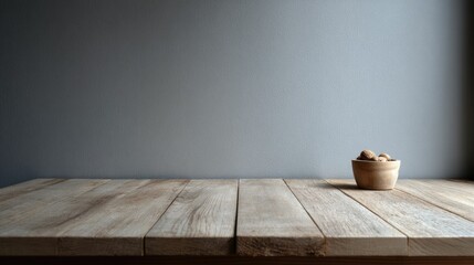 Rustic Wooden Tabletop with Walnuts in Bowl: Minimalist Still Life