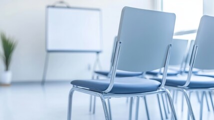 Meeting room setup with chairs and whiteboard ideal for presentations training sessions or lectures bright clean space perfect for business education or corporate environments 