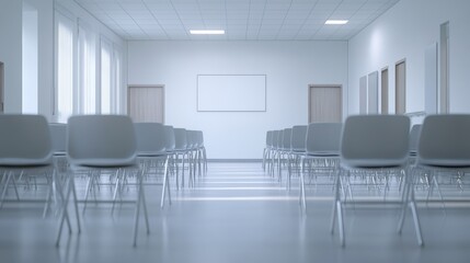 Fototapeta premium Empty classroom with chairs and whiteboard perfect for meetings training or educational purposes a clean minimalist background ideal for presentations or lectures 