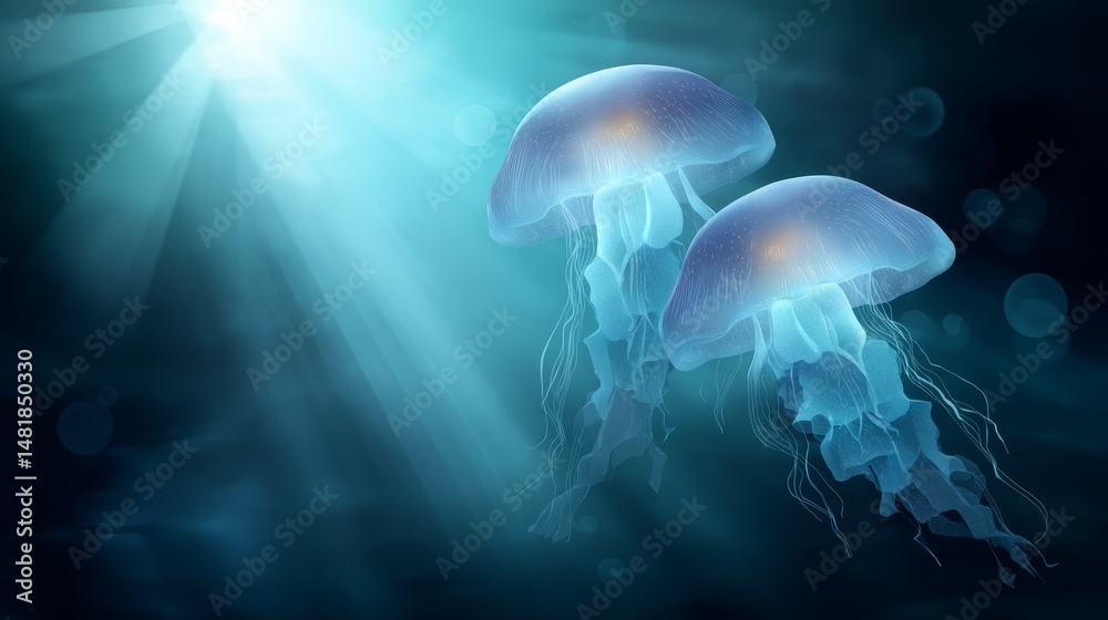 Leinwandbilder two bioluminescent jellyfish glide in parallel through the clear ocean, their glowing tendrils shimm