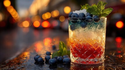 Tricolor cocktail with blueberries and mint in crystal glass, celebrating French National Day with festive elegance.