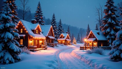 Fototapeta premium Ornate winter village, twinkling lights, frosted trees, lights, night