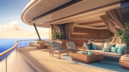 Fototapeta premium Luxurious yacht deck with panoramic ocean views. Outdoor seating area with comfortable furniture, soft lighting, and stylish decor. Open-air design, showcasing a seamlessly integrated living space