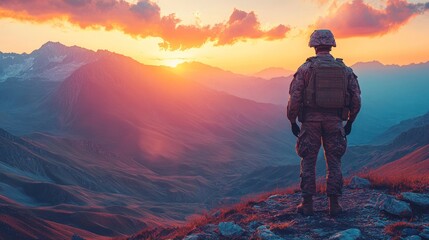 Fototapeta premium A soldier stands contemplatively at mountaintop sunset.
