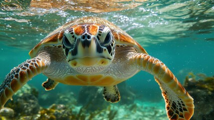 Fototapeta premium Close-up view of a sea turtle swimming underwater.