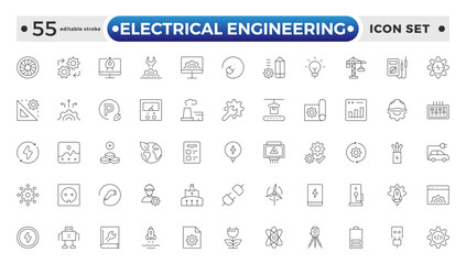 Electrical Engineering outline Icons set. Vector illustration in modern thin line style of technologies related icons: blueprint, engineer, manufacturing, and more. Editable stroke outline icon.
