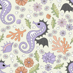 Retro Cute Scary sea horse skeleton vector seamless pattern. Spooky Pastel Goth Creepy Halloween Underwater ocean hand drawn background.