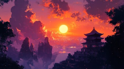 Sunrise over ancient temple nestled in misty mountains