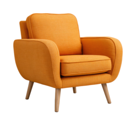 Retro orange fabric armchair with low profile and wooden legs, perfect for cozy and stylish living spaces