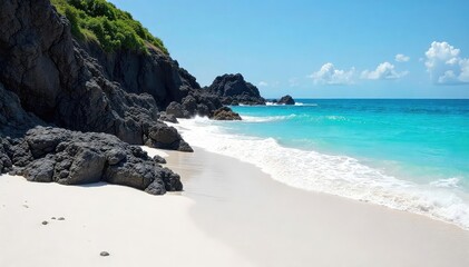 Obraz premium Dark volcanic rocks meet white sand beach at high tide, volcanic, coast