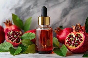 Beautiful glass dropper surrounded by fresh pomegranates and green leaves on marble surface