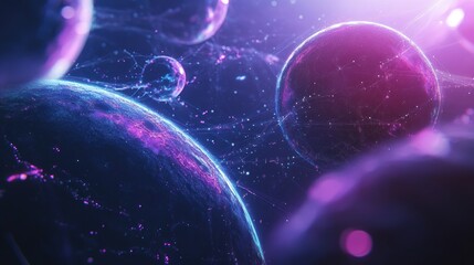 Cosmic nebula, vibrant planets, and energy streams.  Interconnected planets in a swirling galaxy