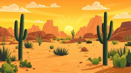 A panoramic desert scene with different types of cacti, small and large, thriving in the harsh climate