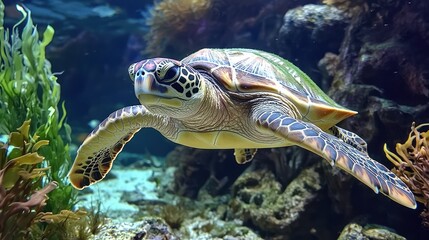 Fototapeta premium Submerged sea turtle, patterned shell, and underwater environment.