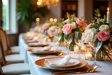 Elegant wedding reception tablescape, featuring floral arrangements and gold details , celebration, event
