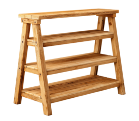 Rustic wooden ladder shelf with three spacious tiers, perfect for organizing and displaying items in warm natural style
