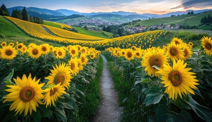 Sunflowers field path at sunset