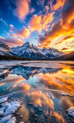 Obraz premium Icy Lake Reflecting a Sunset Over Mountains Background