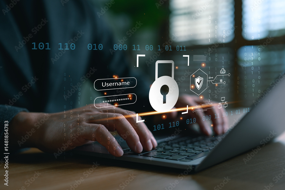 Aufkleber User typing on laptop with secure login interface. Cybersecurity concept showing username, password protection, and data encryption for safe online access and identity protection.