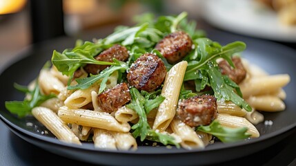 A photorealistic close-up of penne with sausage and arugula, presented on a black plate for contrast