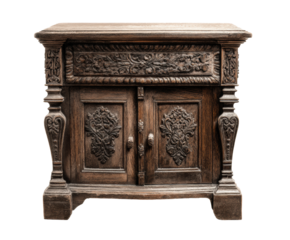 Elegant wooden nightstand with intricate carvings and vintage charm