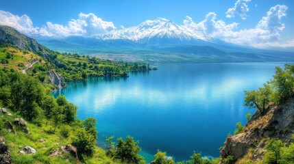 Fototapeta premium Serene mountain lake, vibrant landscape