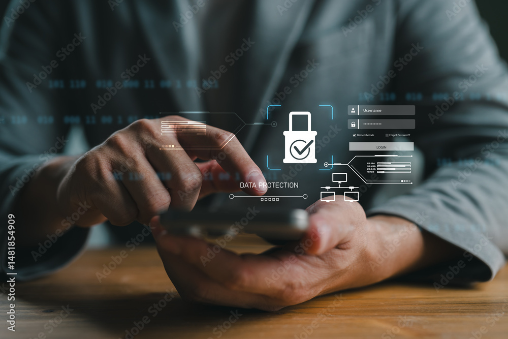 Aufkleber Close-up of a person using smartphone with secure login and data protection interface. Concept of cybersecurity, mobile authentication, and digital privacy in online access.