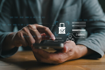 Close-up of a person using smartphone with secure login and data protection interface. Concept of cybersecurity, mobile authentication, and digital privacy in online access.