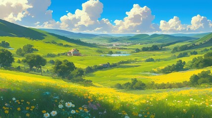 Obraz premium Panoramic view of a vibrant, idyllic countryside landscape. Rolling hills, lush meadows, and a quaint village nestled amongst them. A serene, sunny day with puffy clouds