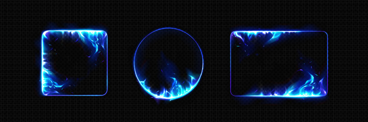 Blue burning fire frames set - square, circle and rectangle shape borders with realistic flame, fiery light streak effect isolated on black background. Cold blaze neon design elements collection. © klyaksun