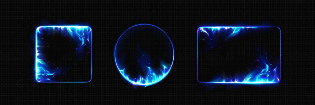 Blue burning fire frames set - square, circle and rectangle shape borders with realistic flame, fiery light streak effect isolated on black background. Cold blaze neon design elements collection.