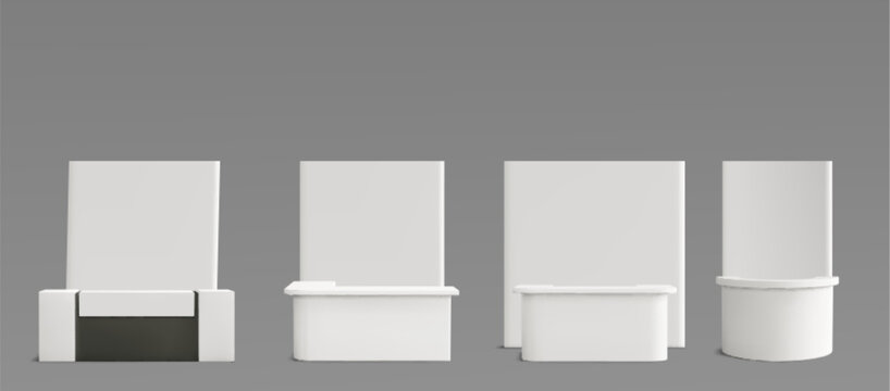 White reception desk set - curved modern counters of different shapes. Glossy minimalist office furniture set, sleek contemporary business decor. Modular configurations of stylish lobby area design.