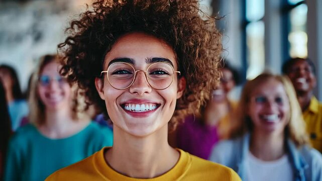 Happy young woman with curly hair smiling in a group of diverse people, wearing round glasses and bright yellow shirt, positive emotion portrait