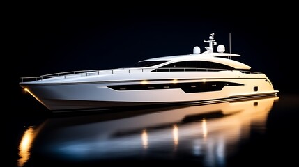 A sleek white yacht model with aerodynamic design and polished surfaces, illuminated by soft lighting, on a solid black backdrop.