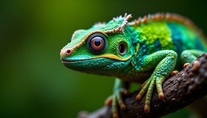 Obraz premium A vibrant reptile, a jewel of verdant hues, clings to a twig. Its skin, a mosaic of emerald, lime, and forest tones, is textured with minute scales that catch the light