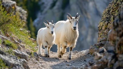 Majestic mountain goats gracefully traverse a rocky trail with effortless ease
