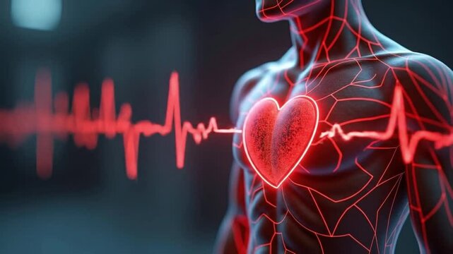 Digital representation of human heart with heartbeat graph overlay  