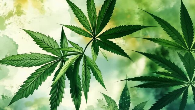 Artistic depiction of hemp leaves with serrated edges against abstract watercolor backdrop, representing natural growth