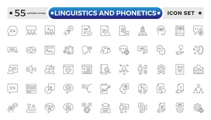 linguistics and phonetics outline icon set with language, phonetic, phonology, morphology, syntax, semantic, pragmatic, cognitive, grammar, and neural linguistics. Editable stroke outline icon.