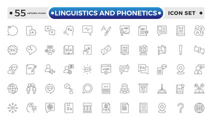 linguistics and phonetics outline icon set with language, phonetic, phonology, morphology, syntax, semantic, pragmatic, cognitive, grammar, and neural linguistics. Editable stroke outline icon.