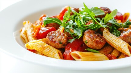 A professionally plated penne pasta dish with sausage and fresh greens, shot against a clean white background