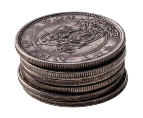 Vintage silver coins stacked for currency collection or display