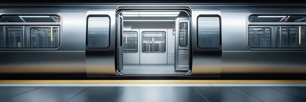 Empty subway platform with open train doors waiting for passengers - Powered by Adobe